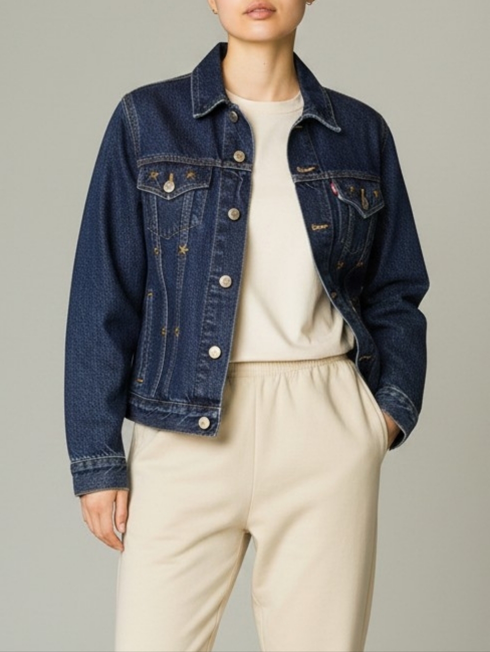 Levi's Original Denim Trucker Jacket With Star Studs In Indigo Blue Size Small
